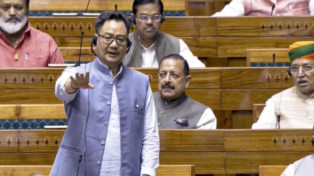 Union Minister Kiren Rijiju speaking to reporters in Parliament House complex